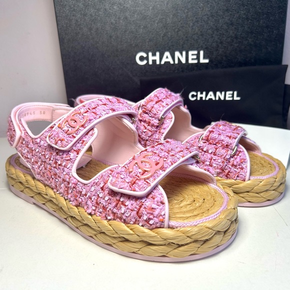 NEW CHANEL 22P DAD SANDALS CC LOGO PINK PURPLE TWEED PAT.LEATHER SZ 38 - Picture 6 of 16